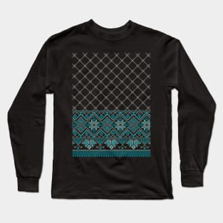 Palestinian Arabic Kufiya Keffiyeh or also called Hatta Traditional Pattern with Tatreez Embroidery Art Design Blue Cream on Navy Long Sleeve T-Shirt